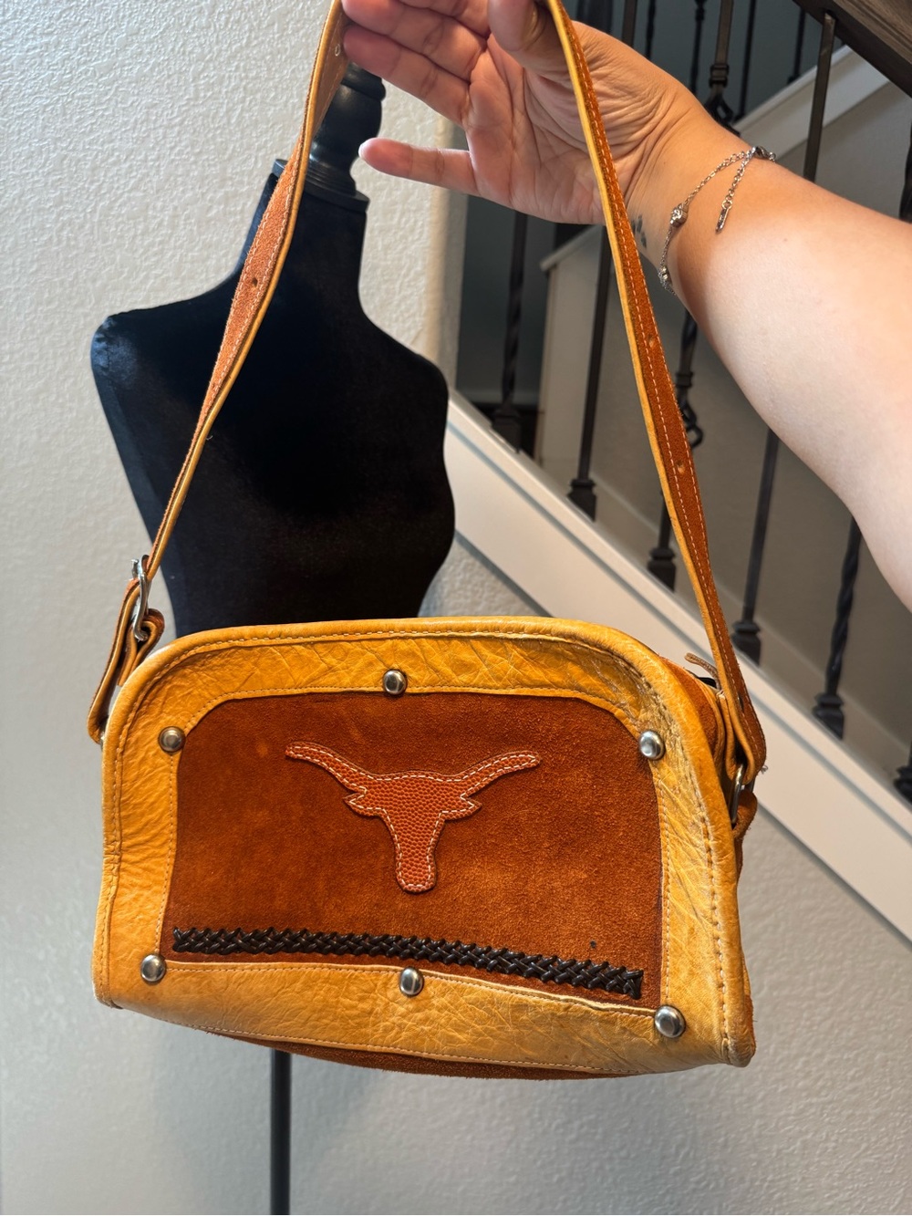 Rust Brown Suede and Tan Leather Shoulder Bag